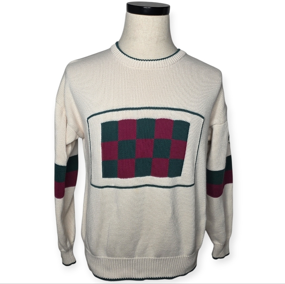 Vintage Aureus Cotton Knit Sweater Ivory Green Burgundy Check Stripe M
